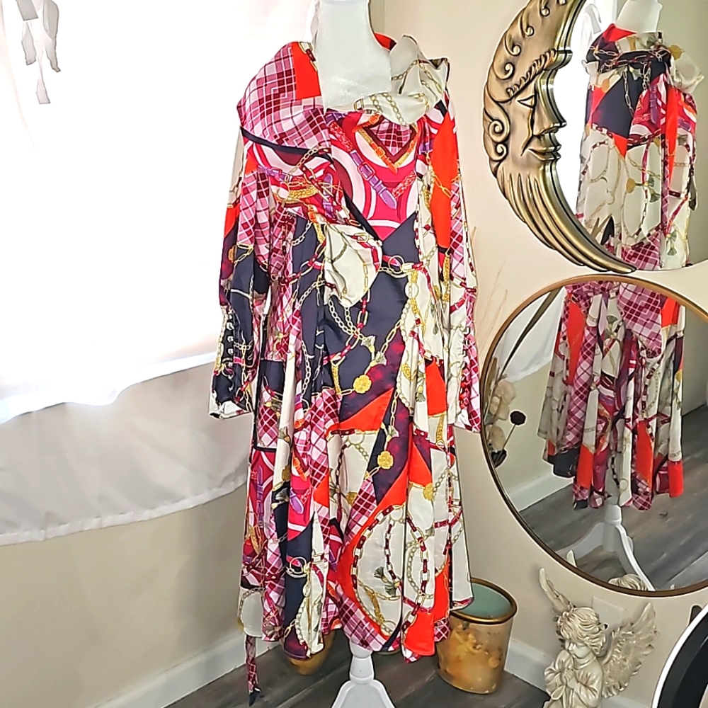 Samuel Dong Red and Black Patterned Midi Dress